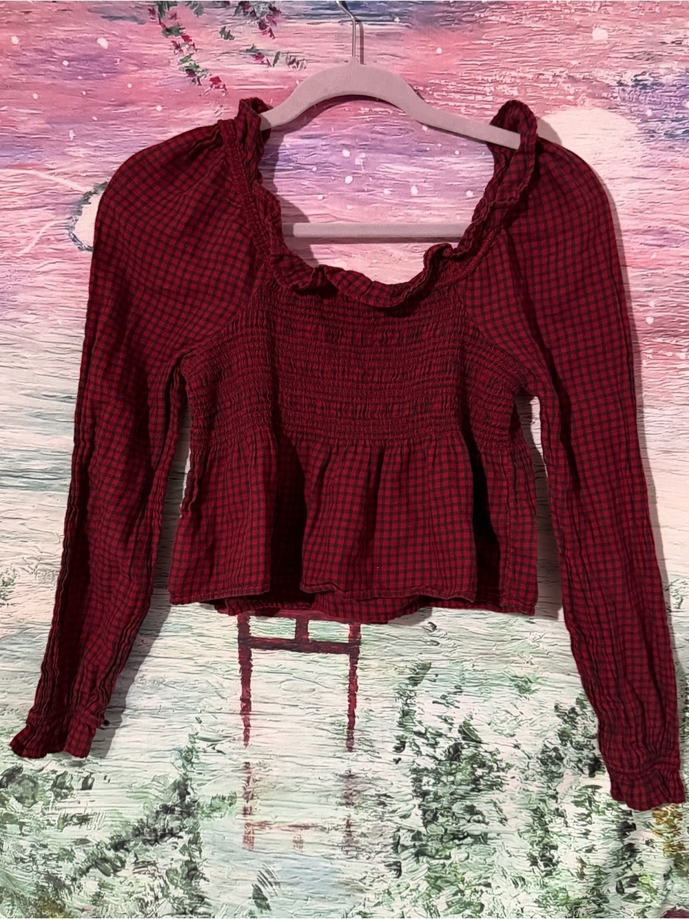 Smocked Peplum Long-Sleeve Top in Burgundy Plaid